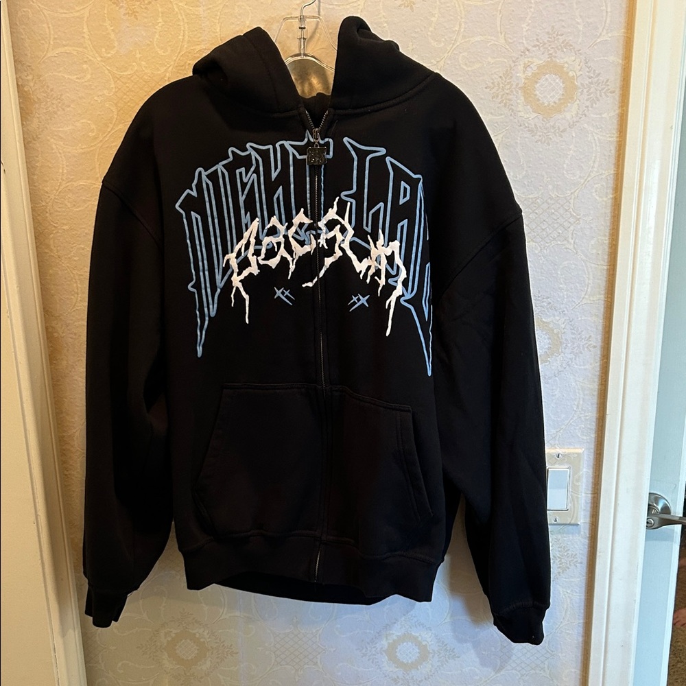 PacSun X NL25h Black Hoodie with Blue and White Graphic Size Large